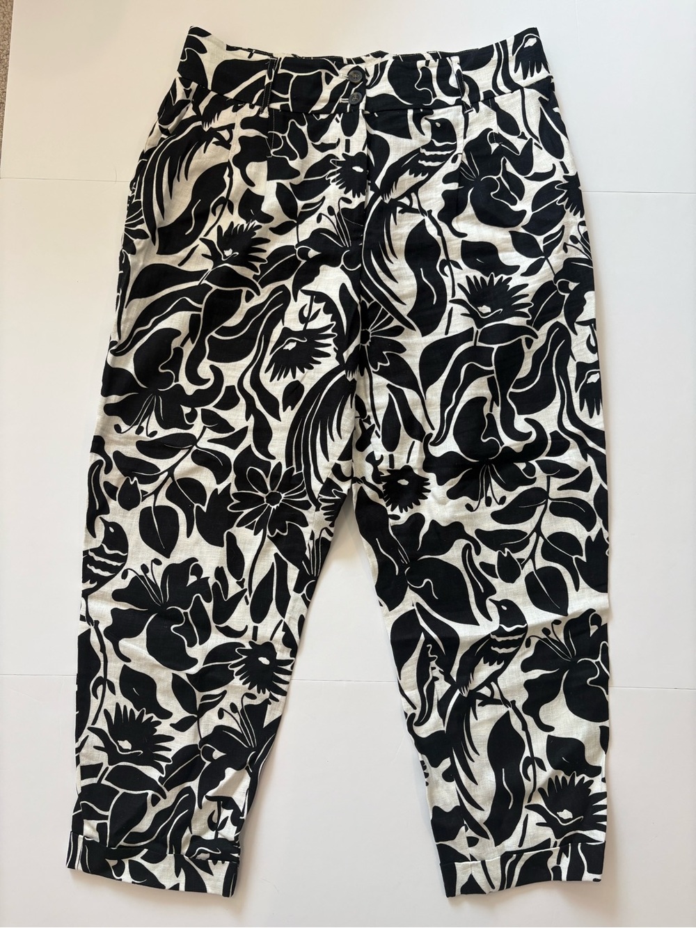 Boden Black and White Cropped Floral Pants 100% Linen 14